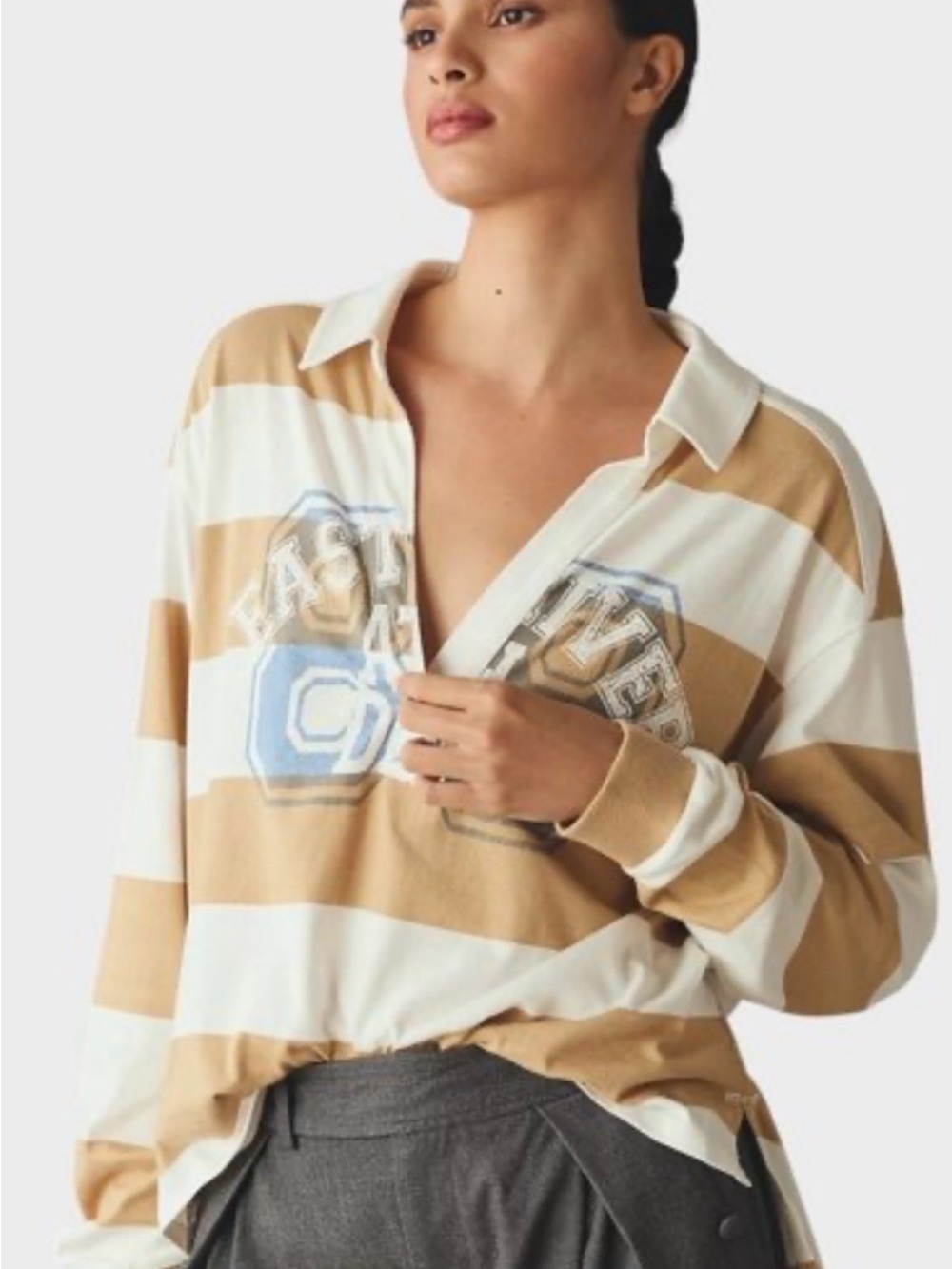 Pilcro Anthropologie Striped Rugby Polo in Cream, Tan & Light Blue